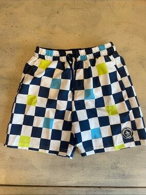 Checkerboard Swim Shorts with Blue & Lime Accents